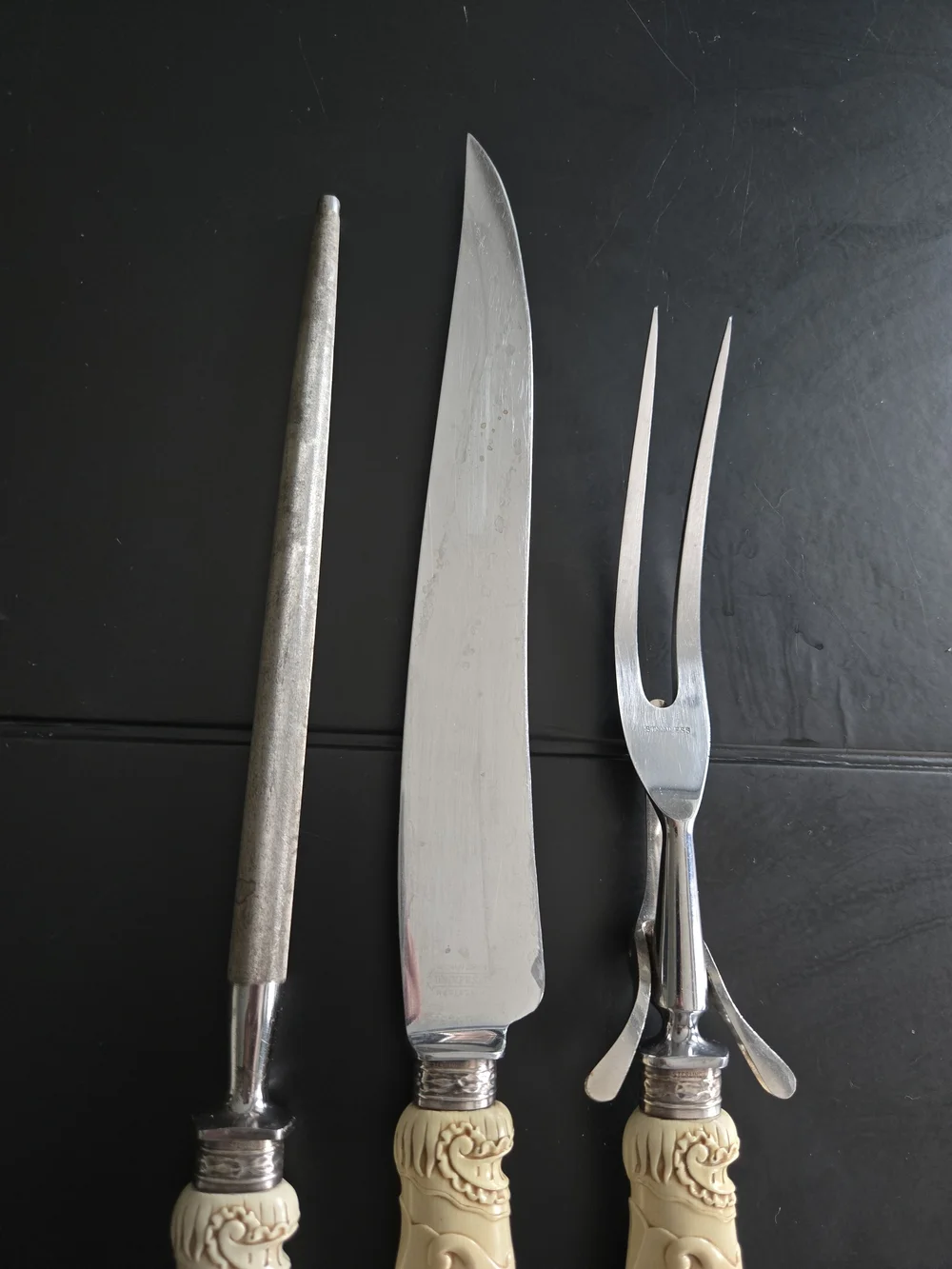 Landers Frary & Clark 3-Piece Roast Carving Set STERLING Silver Bands Celluloid